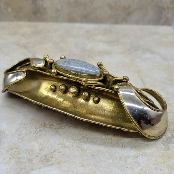 Signed Luciano Huge Belt Buckle Brutalist Brass Silver Modernist - Picture 9 of 11